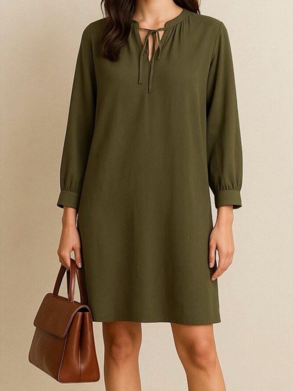 Chico's Olive Green Long-Sleeve Tie-Neck Tunic Dress size large (2)
